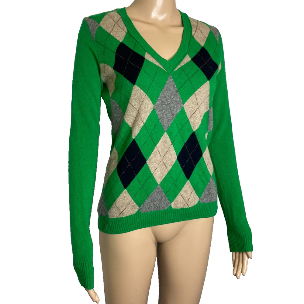 Women's Small J.Crew Wool/Cashmere Blend Green V-Neck Argyle Sweater - Picture 2 of 4